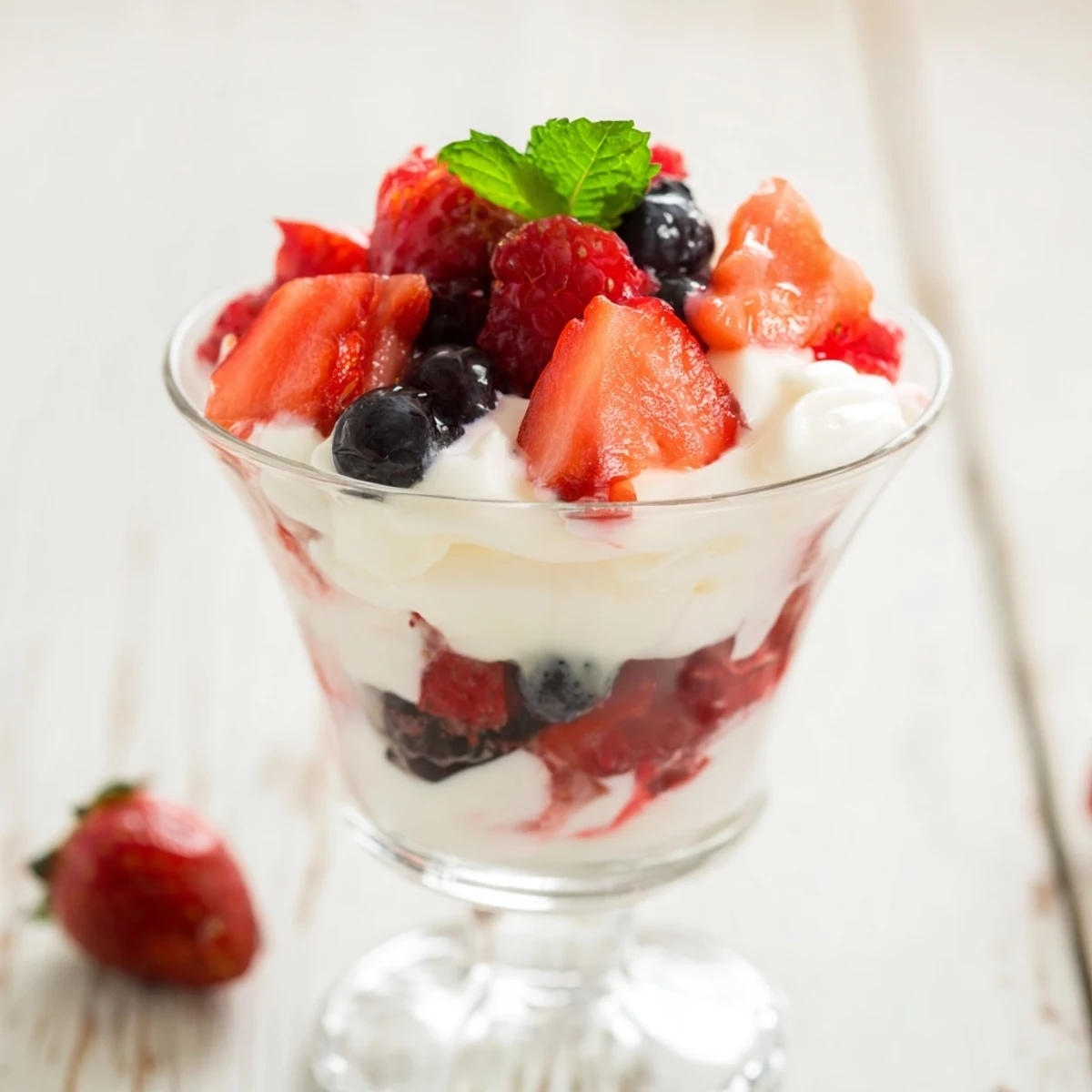 Fresh berry parfait with whipped cream, swirled and layered for a quick, elegant dessert idea.