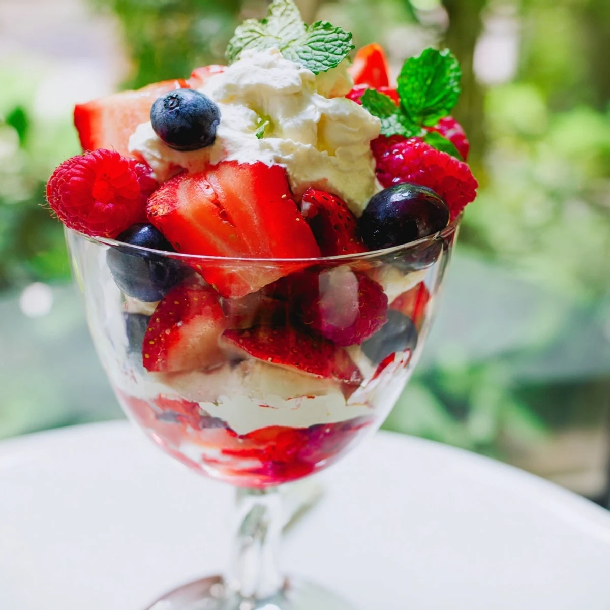 A creamy and vibrant berry parfait, showcasing juicy red berries and a fluffy whipped topping.