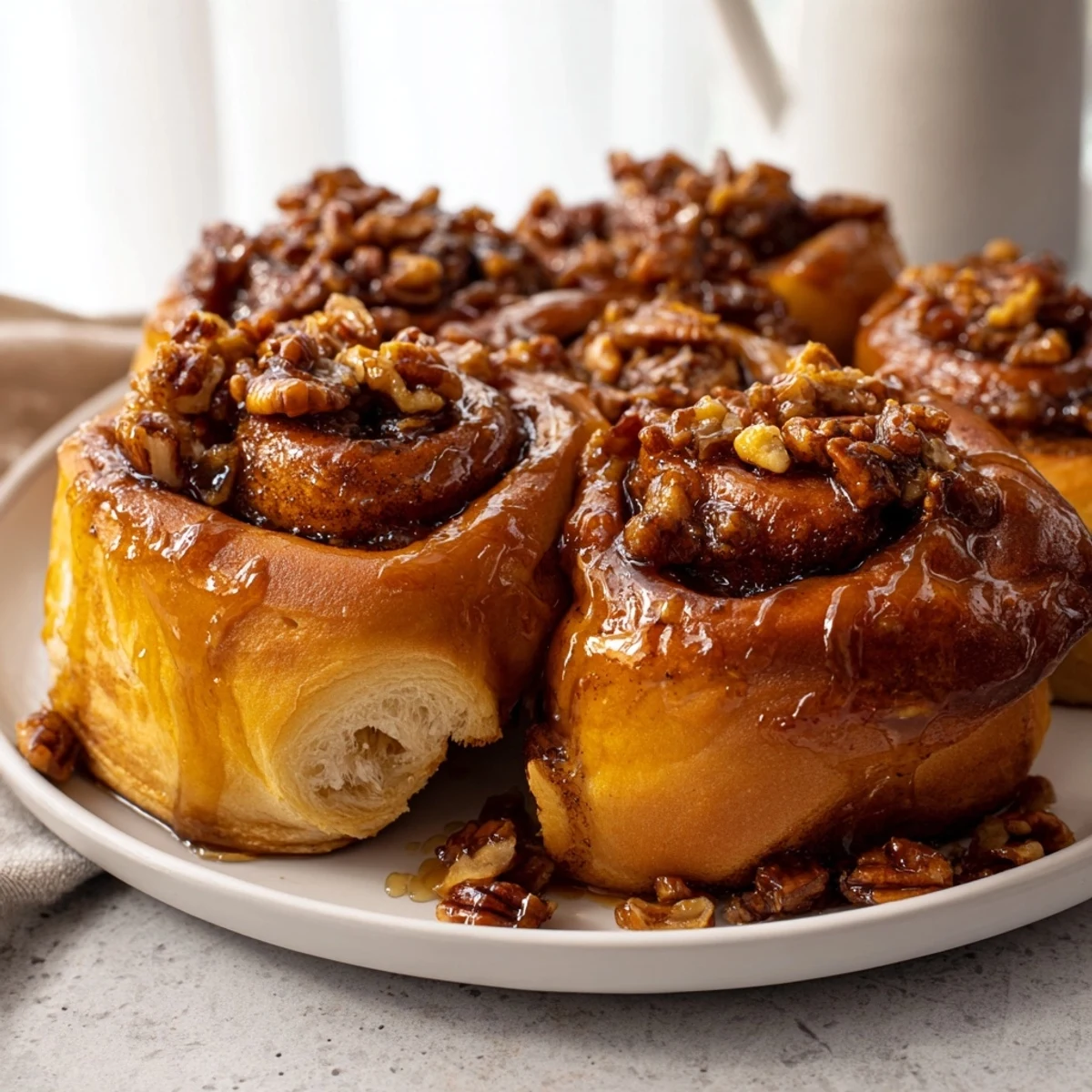 Golden-brown maple pecan sticky buns, glistening with a rich maple glaze, ready for brunch.