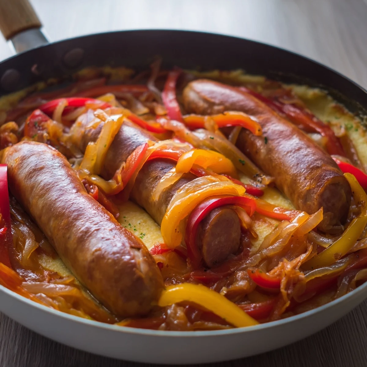 A close-up of the Herb-Cozy Skillet Sausage and Peppers, boasting rich tomato sauce and glistening peppers.