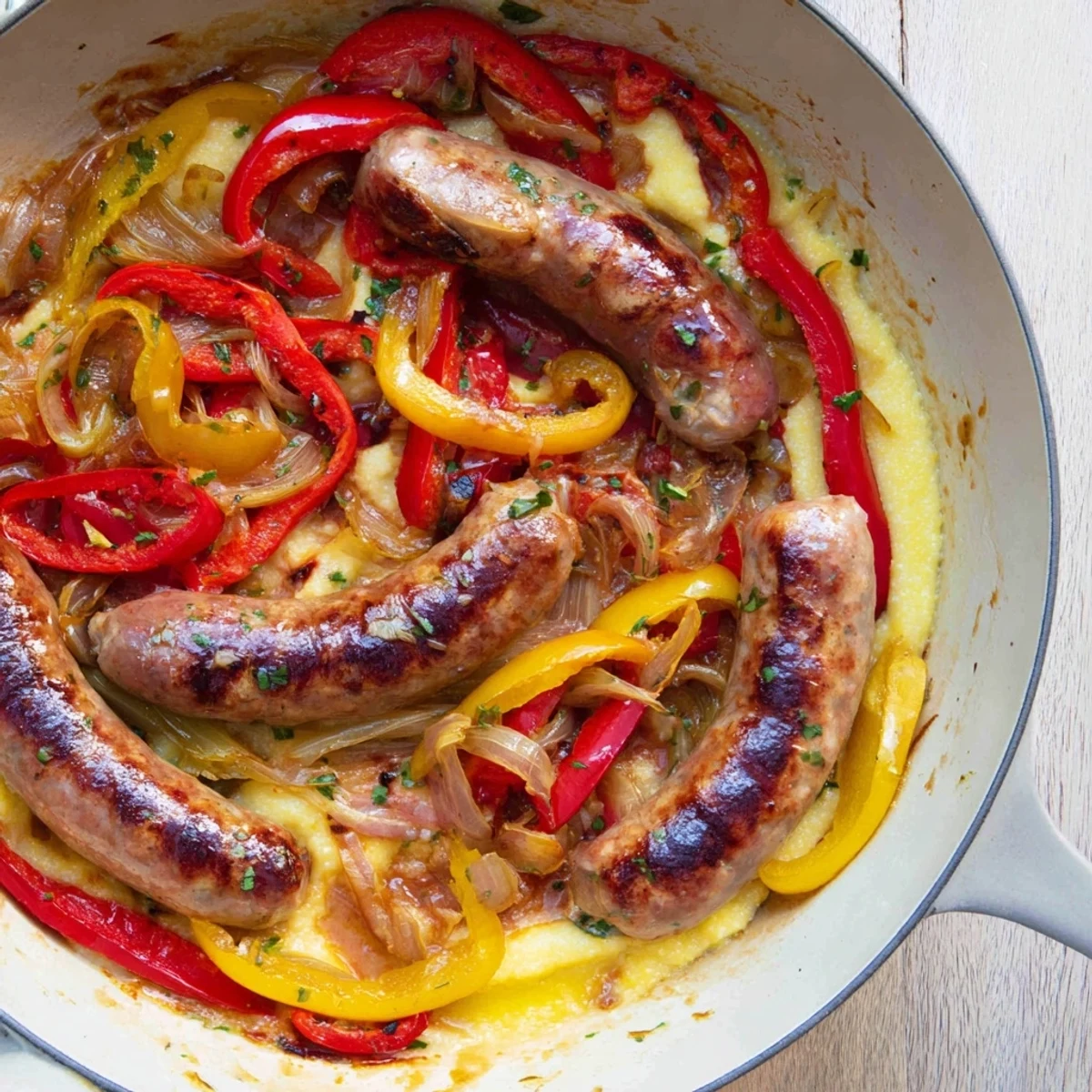 Tender Italian sausage and bell peppers mingle in a flavorful Herb-Cozy Skillet Sausage and Peppers recipe, ready to serve.