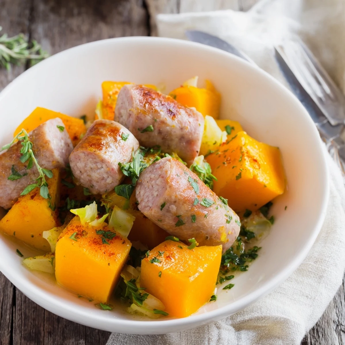 Golden brown kielbasa and cabbage hash in a rustic skillet, ready for a hearty dinner.