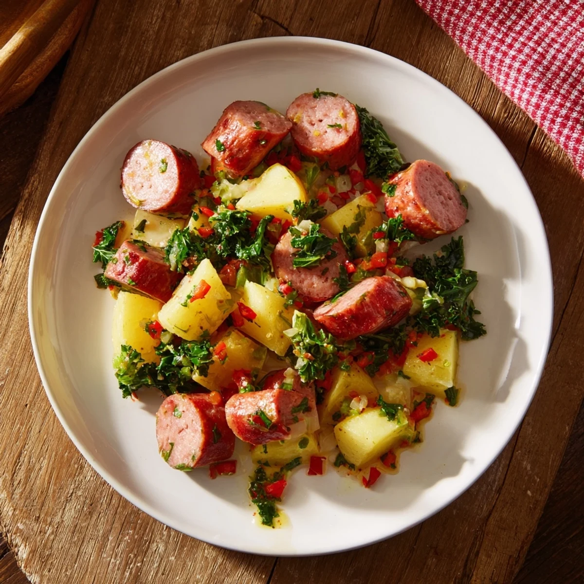 Enjoy the comforting flavors of this Rustic Flint-Style Skillet Plate: Kielbasa and Cabbage Hash served hot!