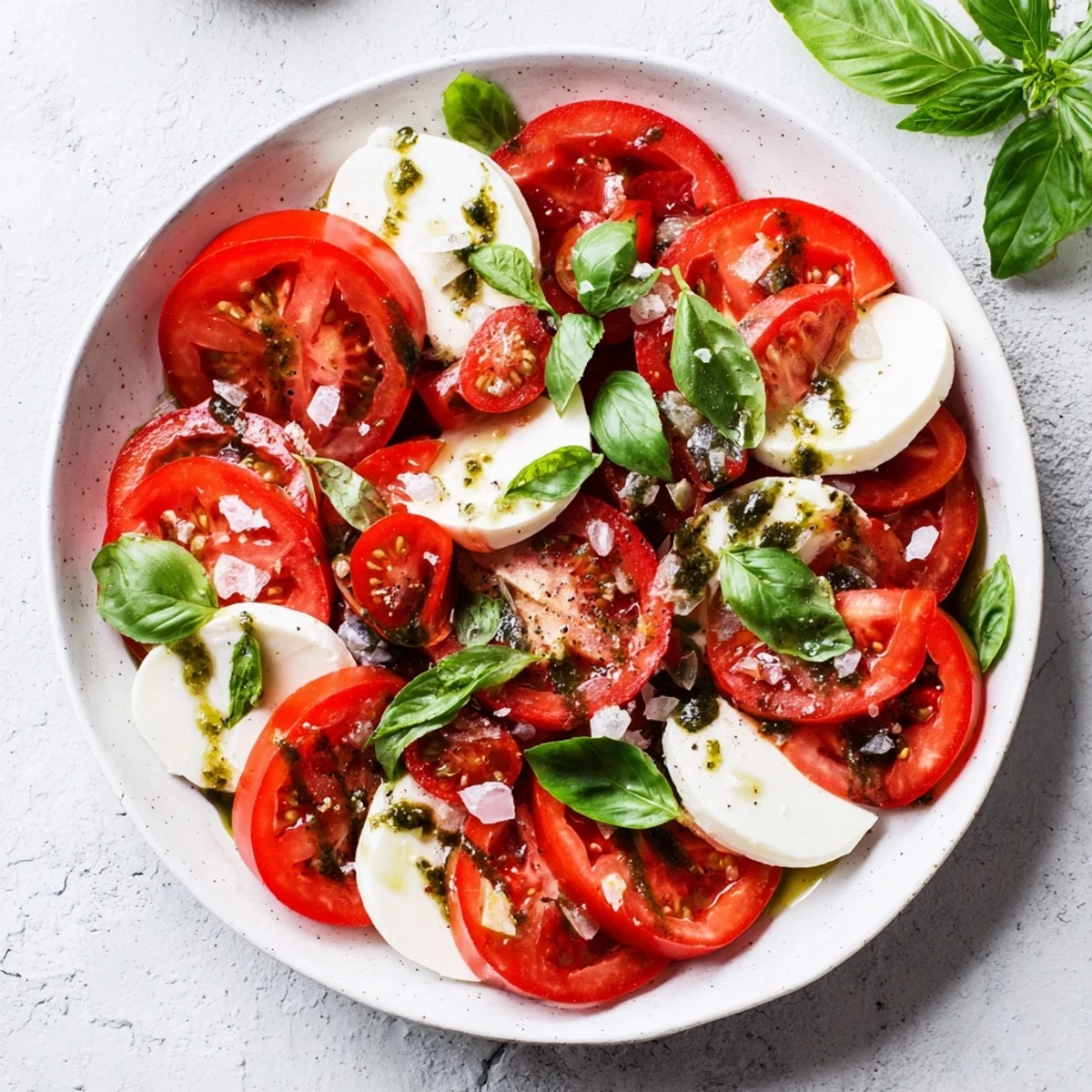 A colorful Caprese salad with fresh basil vinaigrette, showcasing juicy tomatoes and creamy mozzarella.