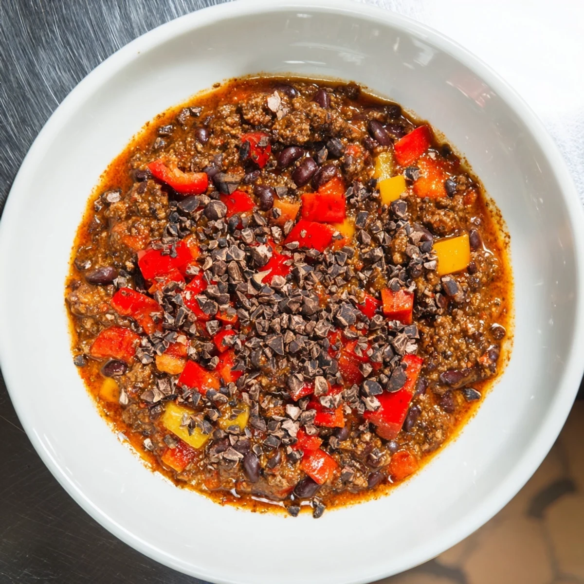 A hearty close-up showcases the rich color and texture of the One-Pot Cozy Chocolate Chili, ready to eat.