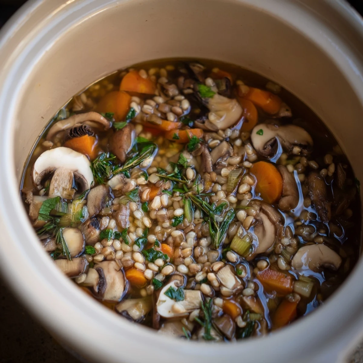 Close-up of a rich, rustic Wild Mushroom and Barley Soup, inviting textures and savory aromas.