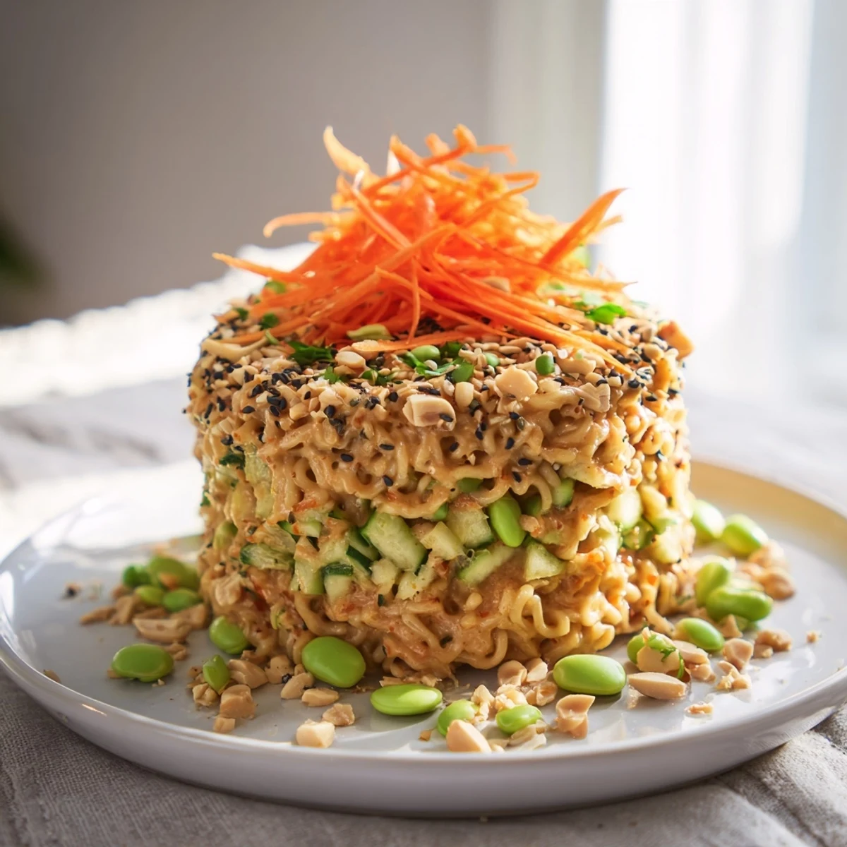 Spicy peanut noodle salad bursting with colorful veggies and a creamy, spicy peanut dressing.