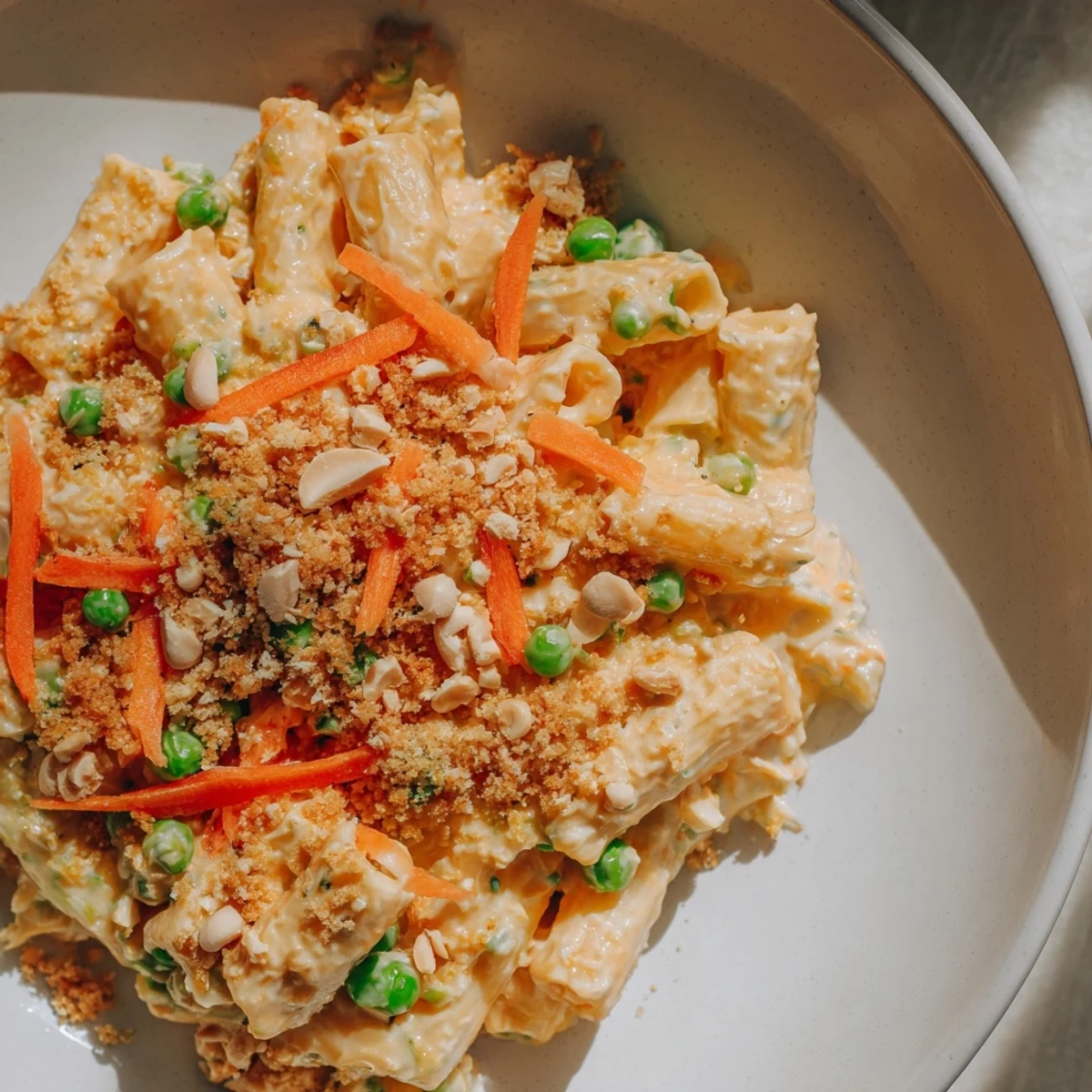 A close-up of a flavorful spicy peanut noodle salad, ready to be enjoyed as lunch.
