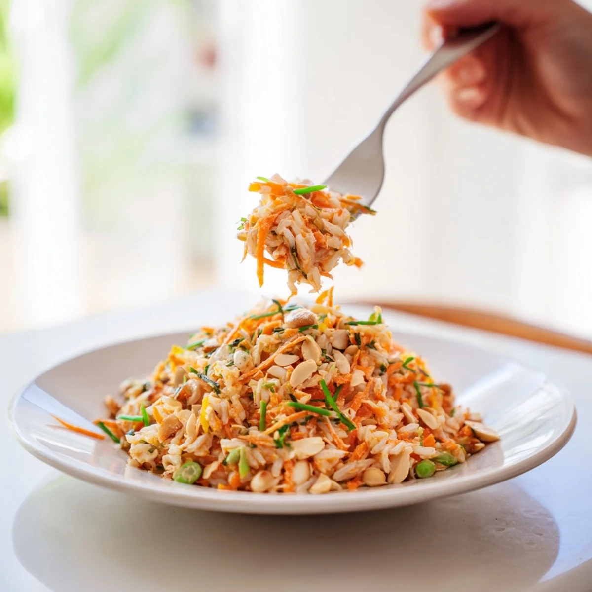 Freshly tossed spicy peanut noodle salad, a vegetarian dish with colorful vegetables and peanuts.