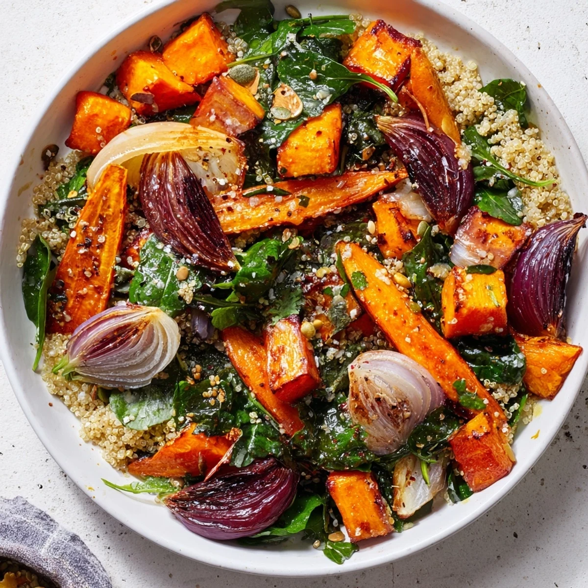 Warm Herb Bowl features roasted root vegetables, glistening with oil and herbs, ready to be enjoyed.