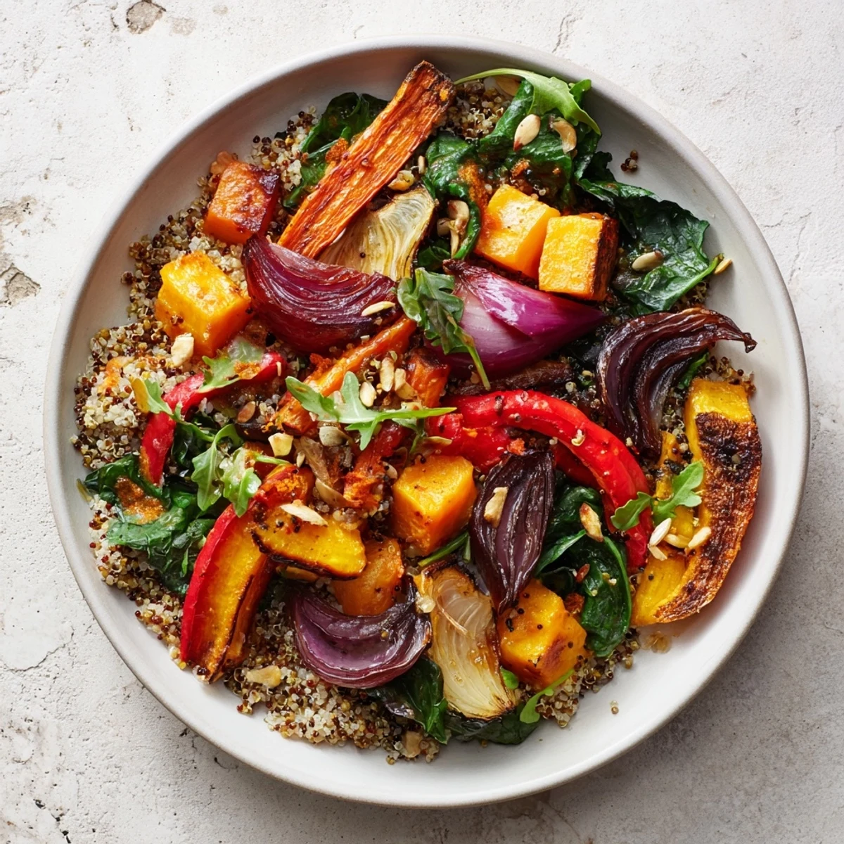 Golden roasted root vegetables in a Warm Herb Bowl, perfectly complemented by fluffy quinoa and fresh greens.