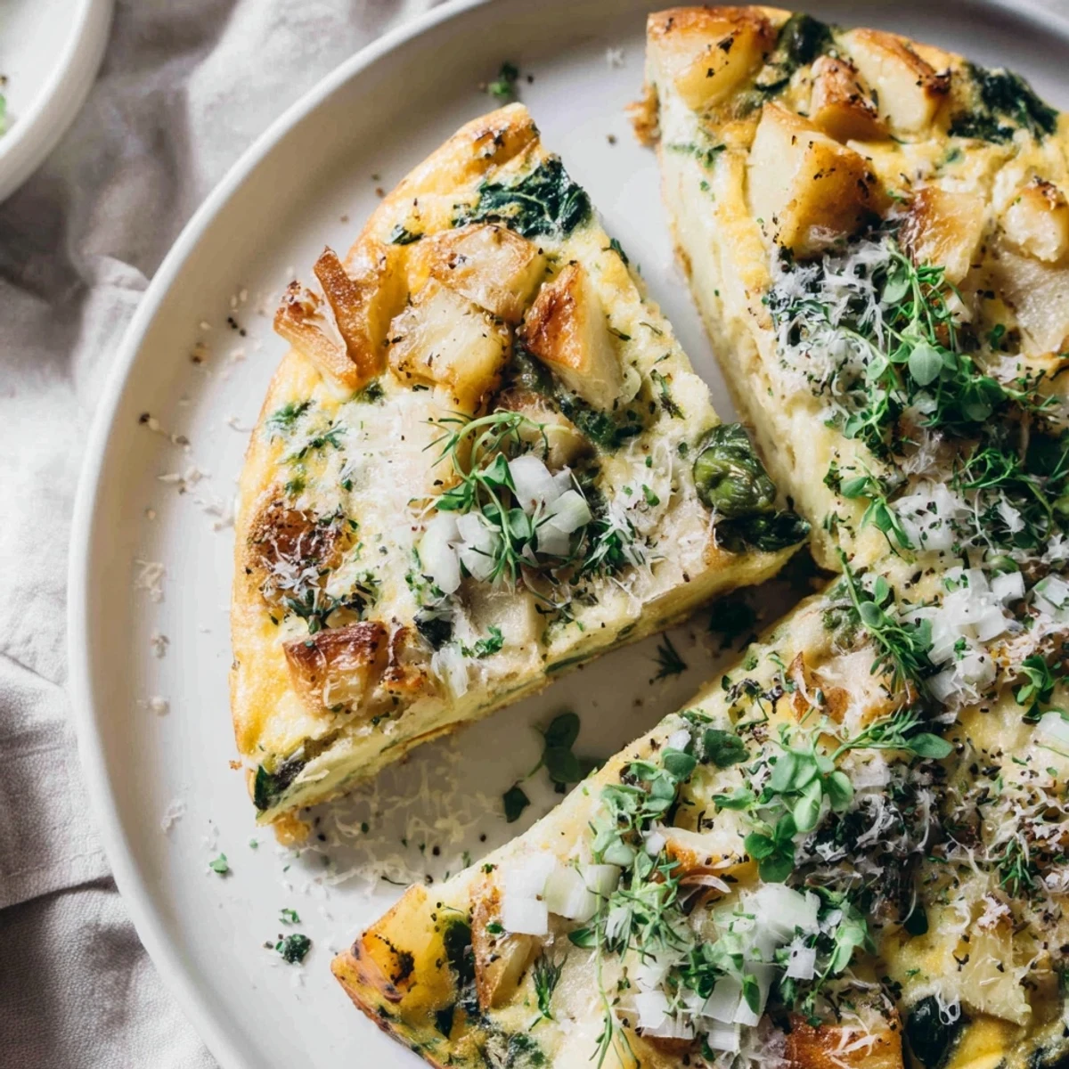 Golden, fluffy frittata with spring greens and goat cheese, ready for a comforting brunch.