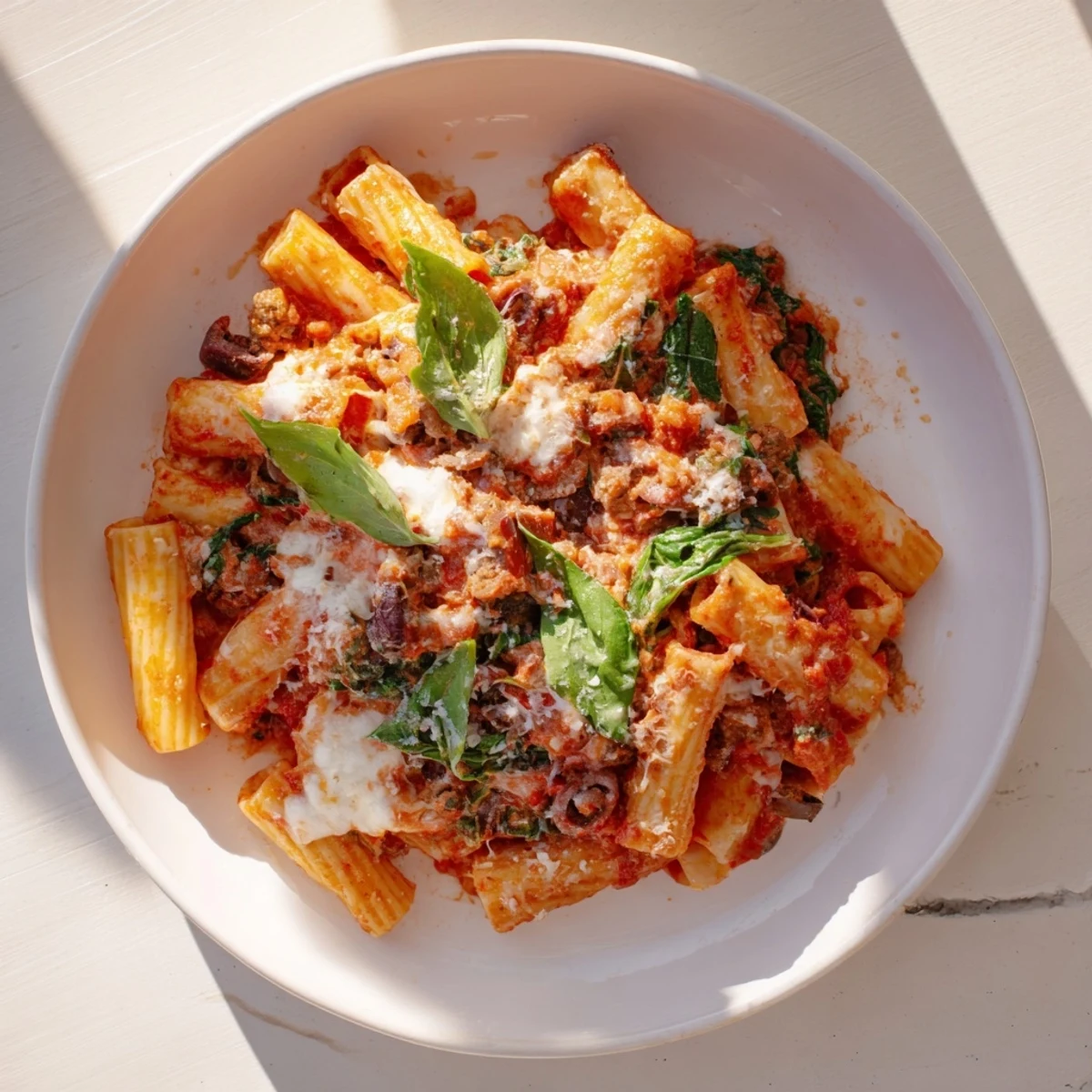 Golden, bubbly baked ziti with ricotta, spinach, and olives, a truly comforting dish.