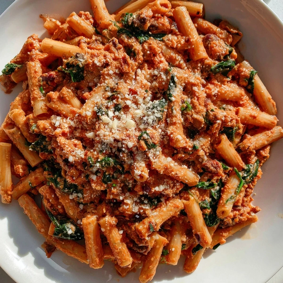A close-up of a steaming bowl of warm baked ziti, featuring gooey cheese and flavorful olives.