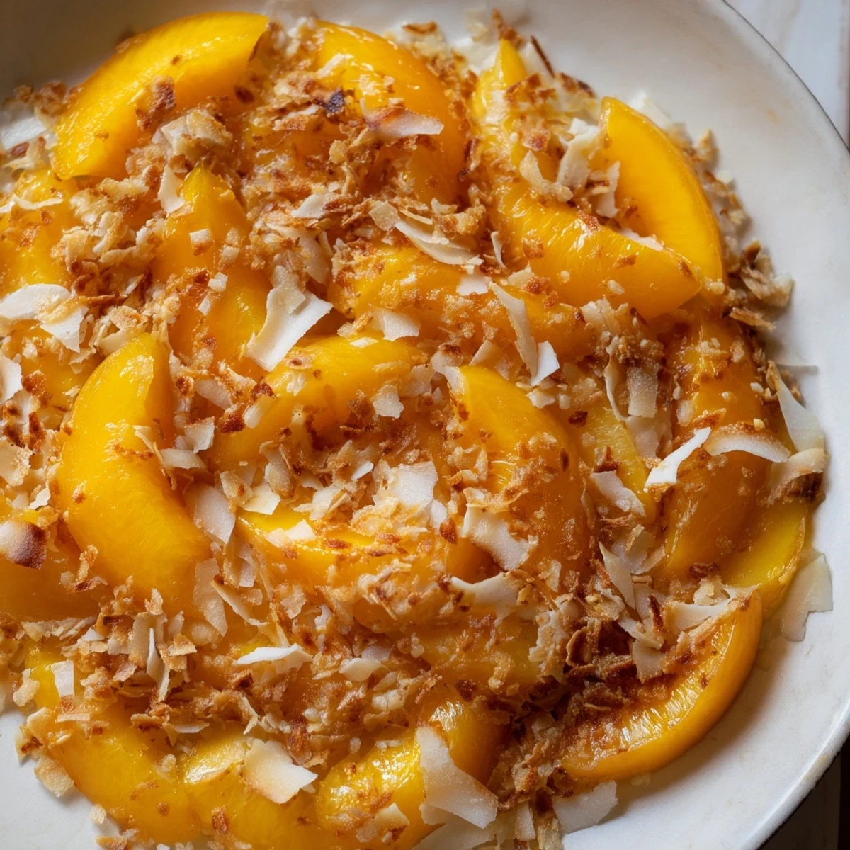 Golden, bubbly Peach and Ginger Crumble, a warm dessert with a sweet crumble topping.