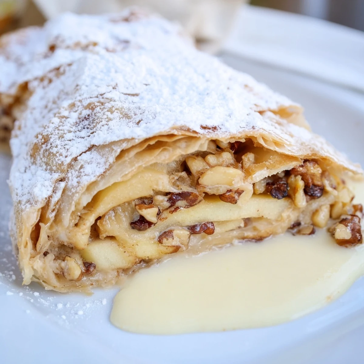 Flaky Apple Strudel with warm vanilla sauce, a cozy homemade dessert ready to serve.