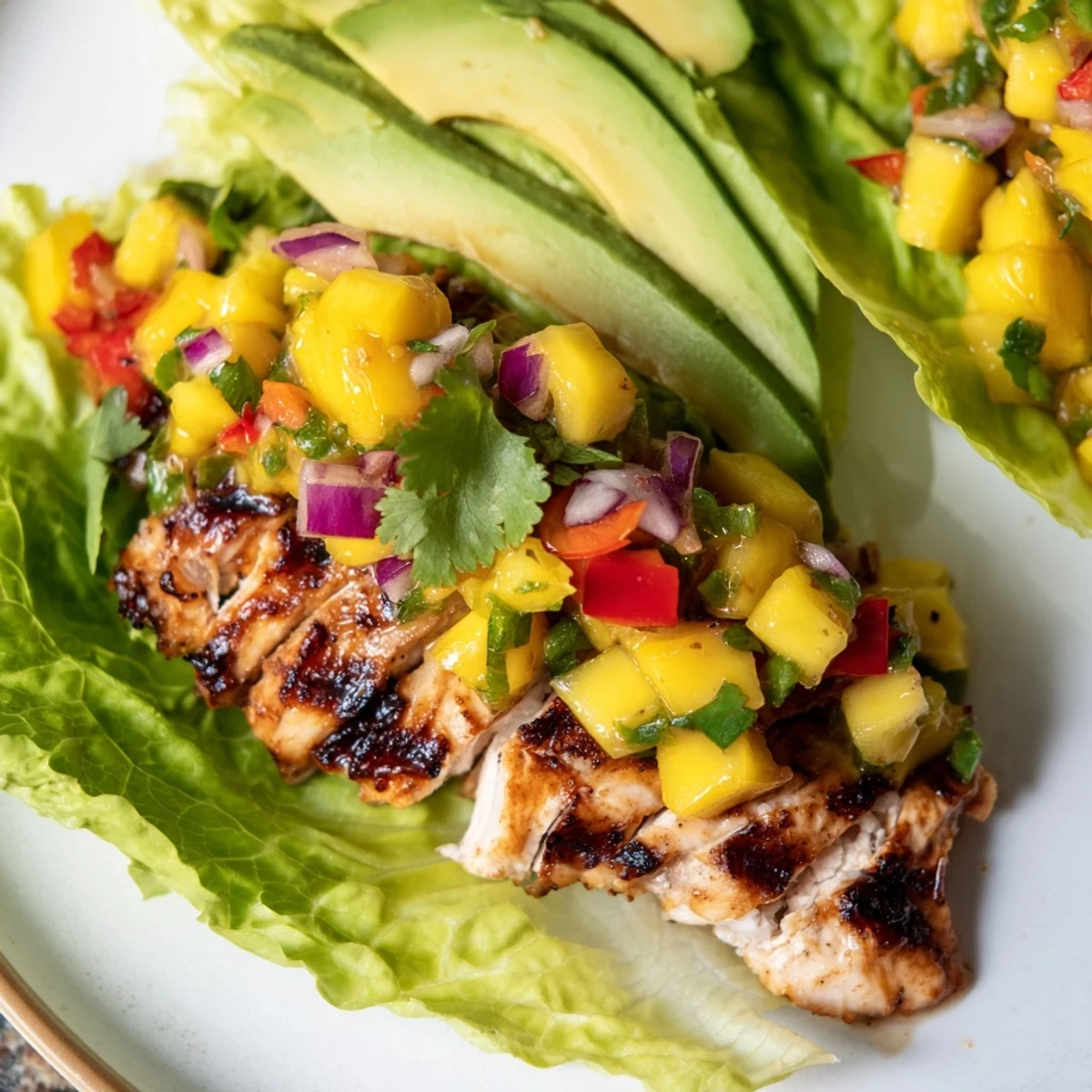 Close-up of Chicken and Mango Salsa Lettuce Wraps, offering a burst of sweet and savory flavors.