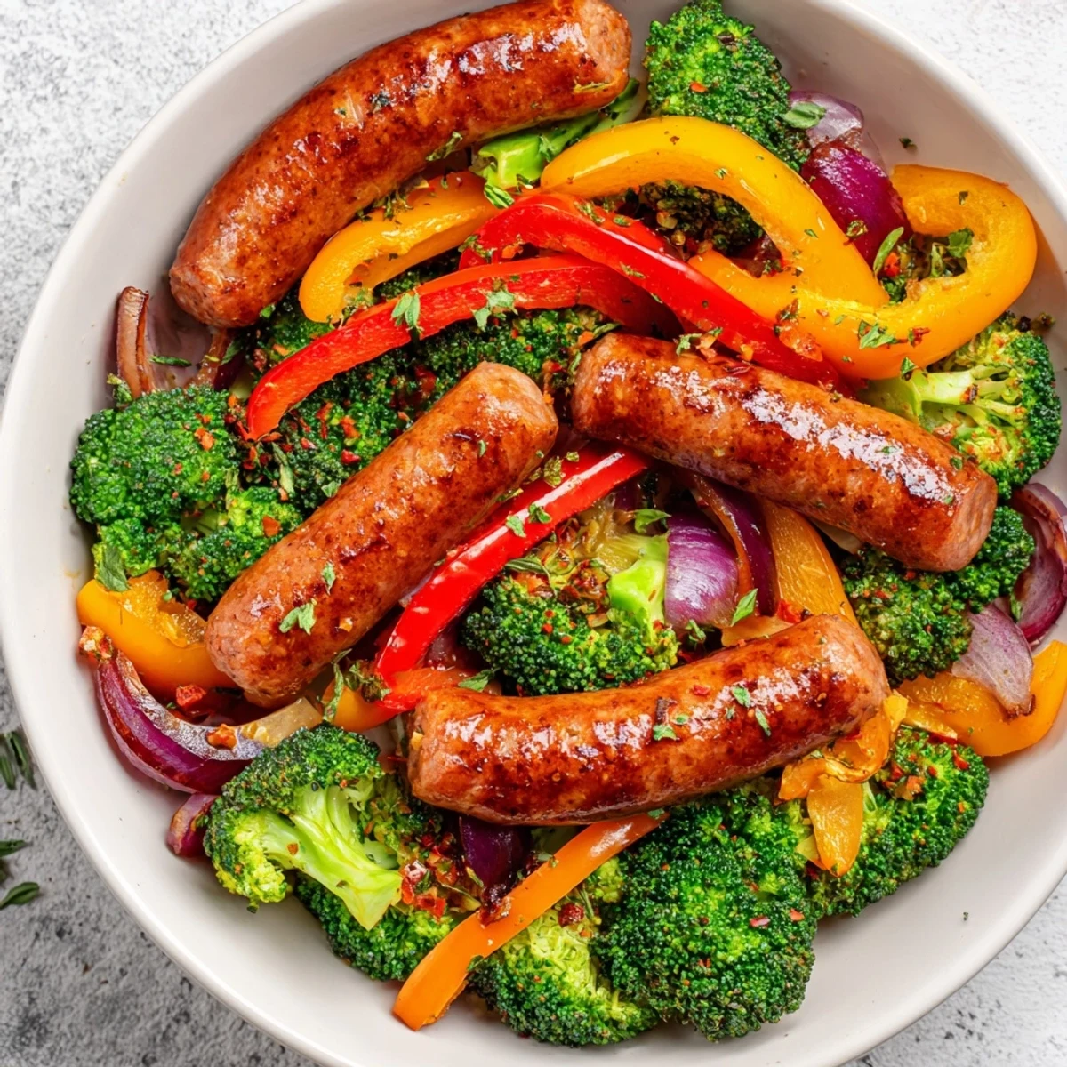 Sizzling Simple Rustic Sheet-Pan Sausage, broccoli, and peppers with vibrant roasted vegetables and juicy sausage.