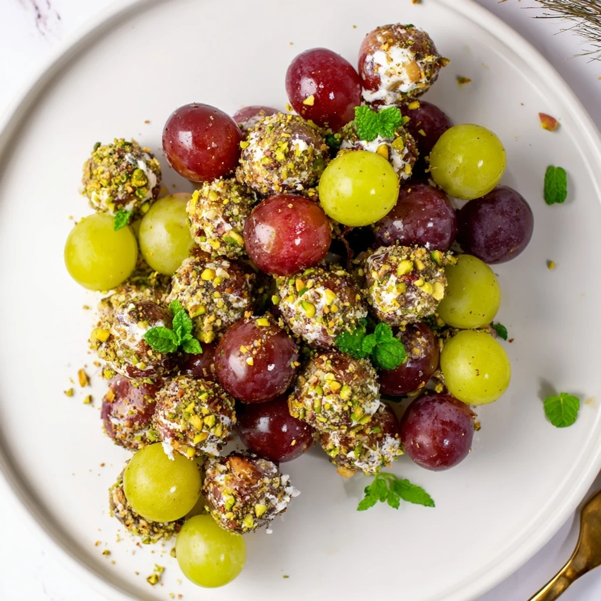 Sparkling grape cluster appetizer, a festive arrangement of grapes coated in cheese and nuts.