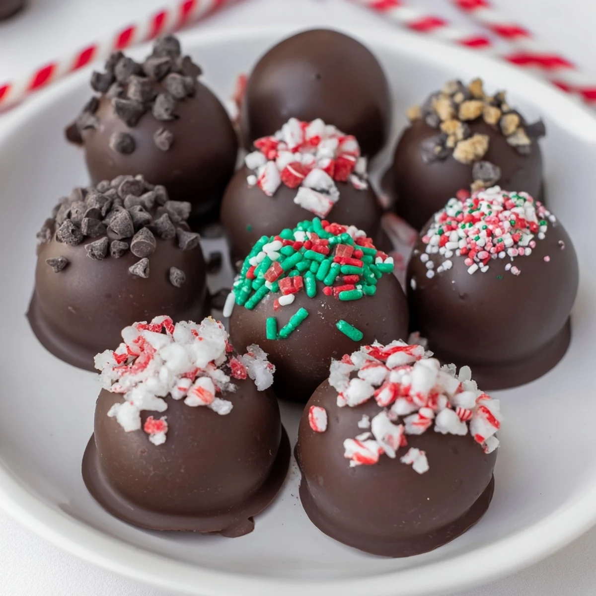 Steaming mug of rich hot cocoa bomb, topped with mini marshmallows and crushed peppermint.
