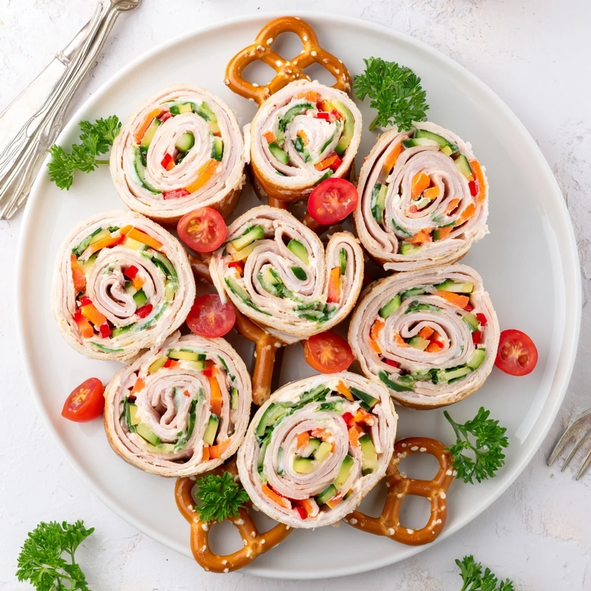 Savory smoked turkey pinwheels tree, festive appetizer arranged with parsley and tomatoes for holiday fun.
