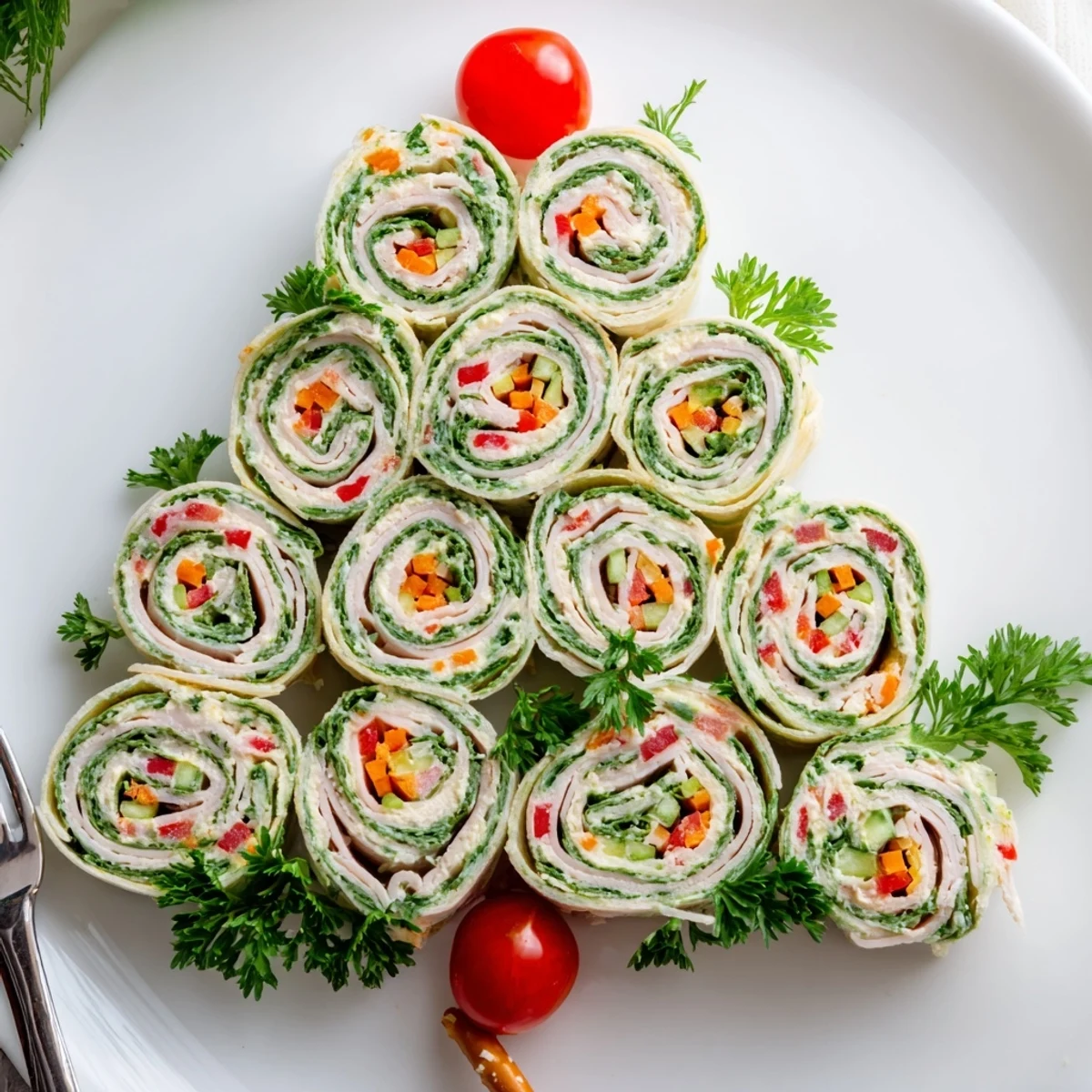 Vibrant arrangement of flavorful smoked turkey pinwheels tree, a delicious and easy holiday appetizer to make.