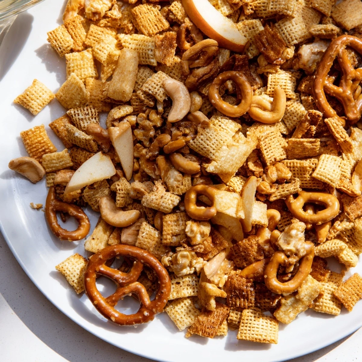 A close-up of golden, crunchy Party Mix with an apple cider glaze, ready to serve.