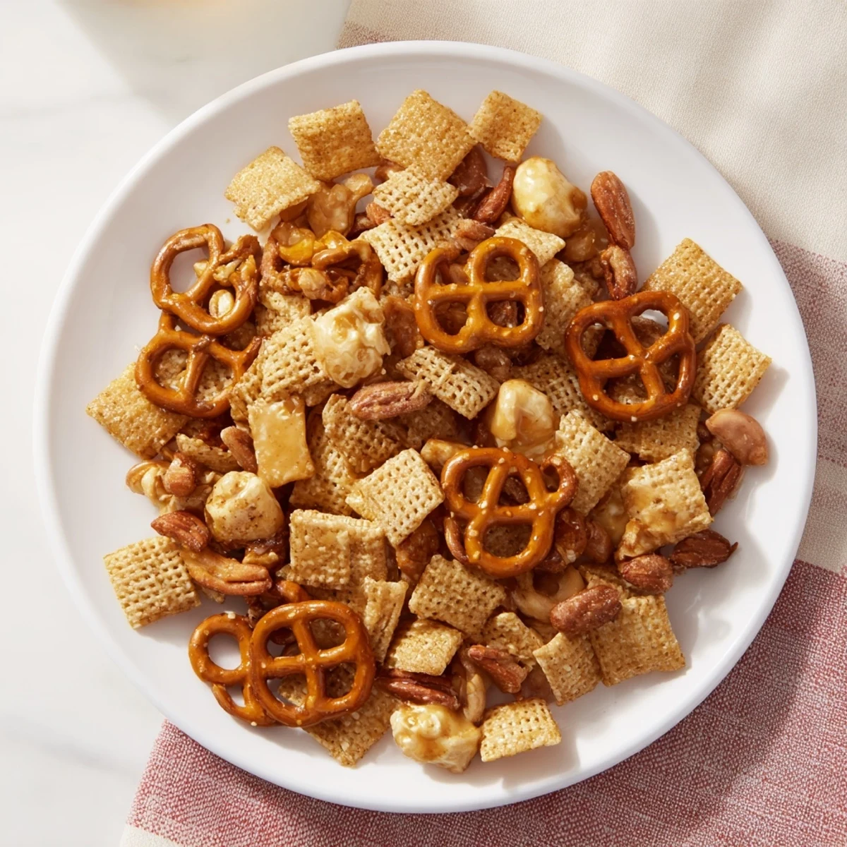 Sweet and savory Party Mix, baked to crispy perfection for delicious bites at any gathering.