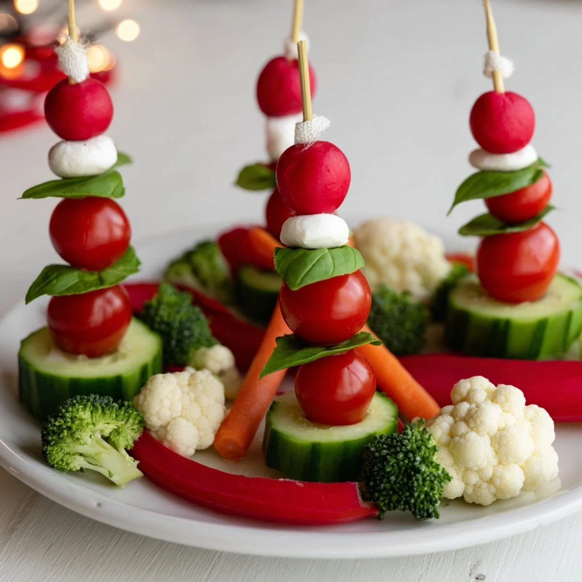 Savory Crudités Veggie Santa Hat Dip Platter: a vibrant appetizer with colorful vegetables arranged like holiday hats.