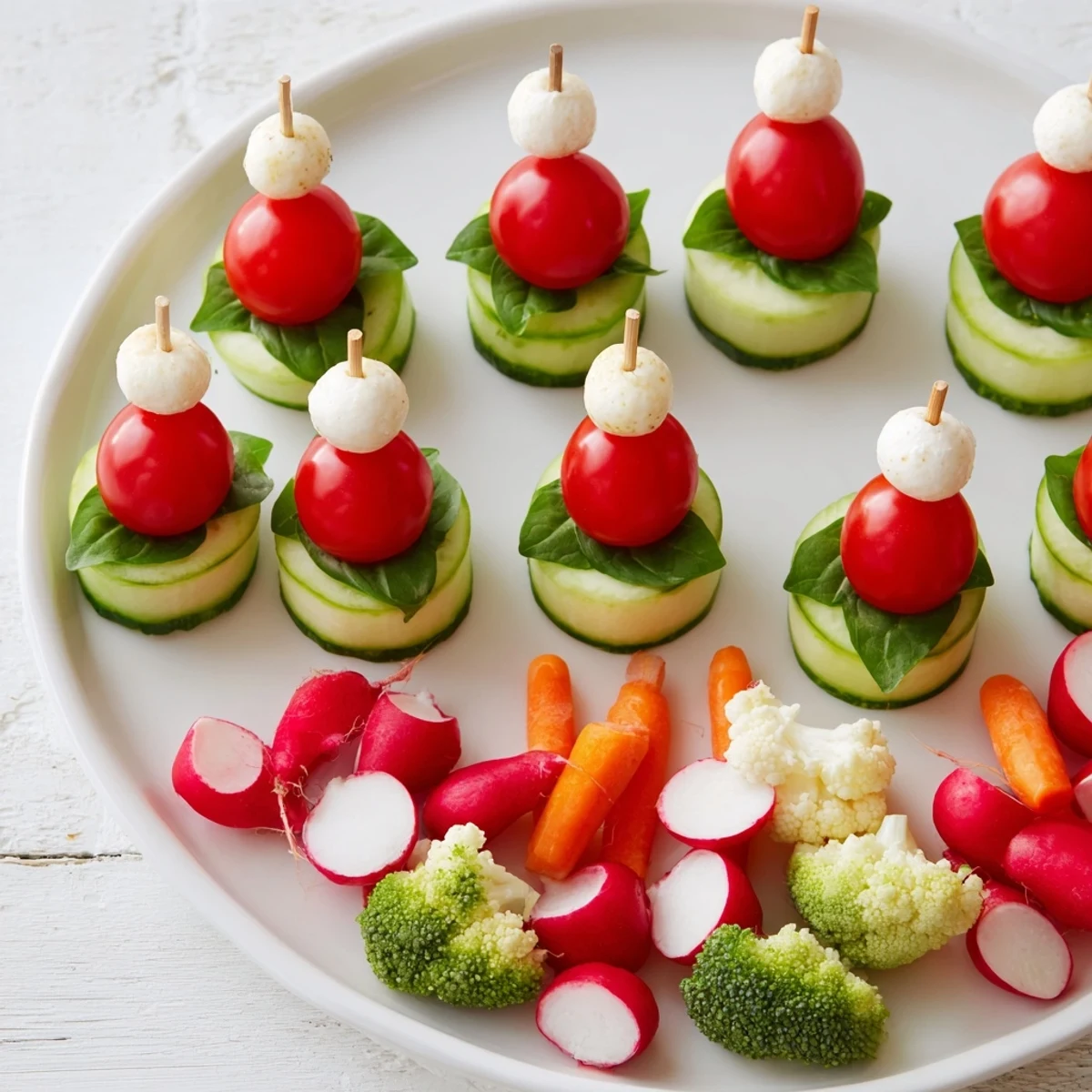 Beautifully arranged Savory Crudités: Veggie Santa Hats with a creamy dip, perfect for snacking.