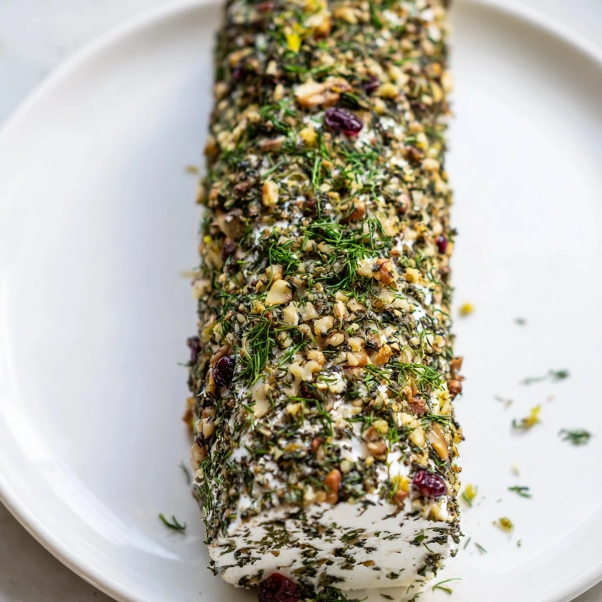 Creamy Winter Snowdrift Goat Cheese Log, covered in herbs and nuts, ready for serving with crackers.