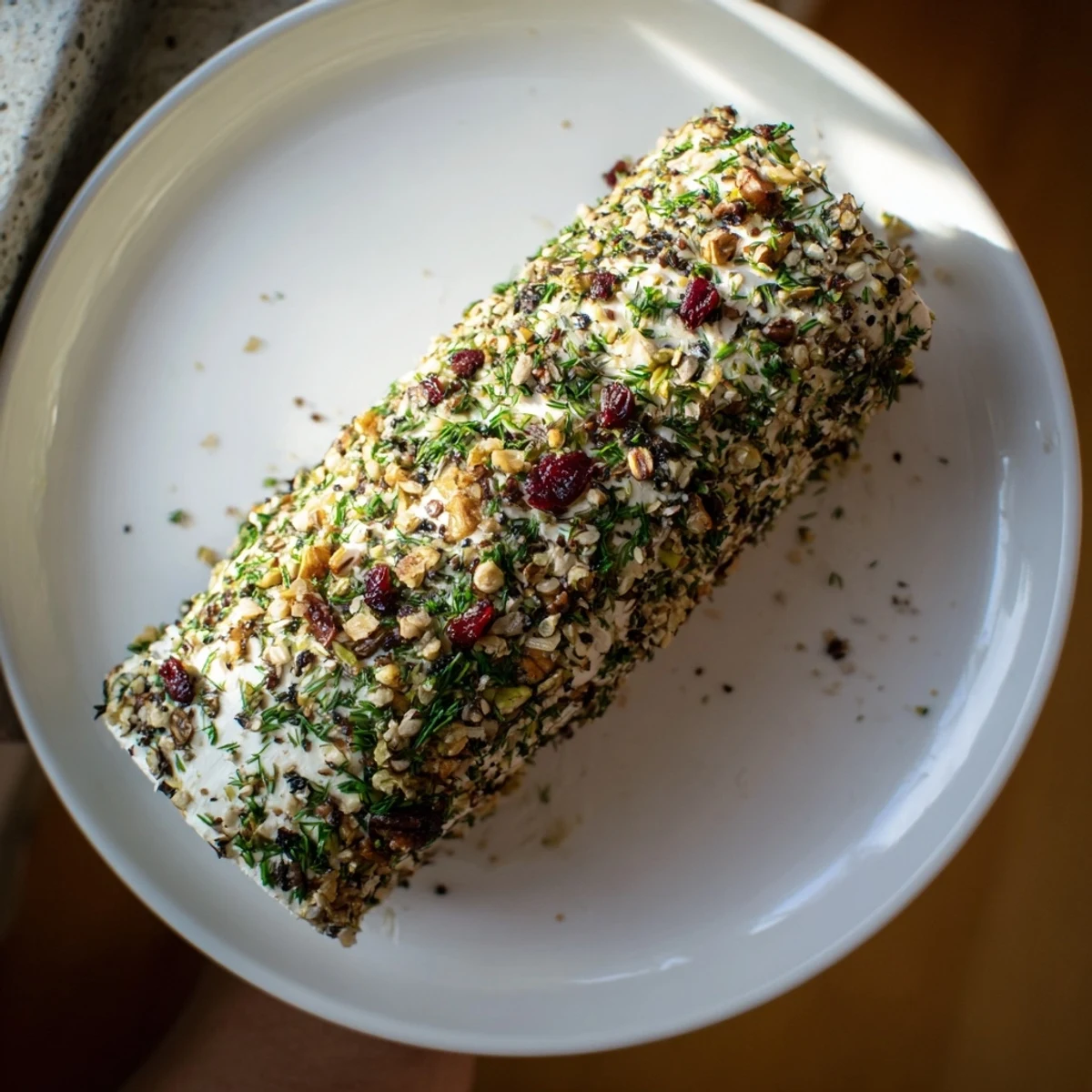 Close-up of a festive Winter Snowdrift Goat Cheese Log, a delightful party appetizer, ready to eat.