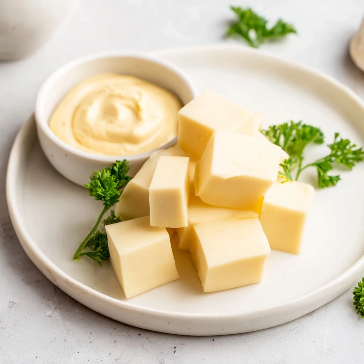 Golden Gouda cheese cubes and creamy mustard dip: a perfect, simple cheese platter appetizer.