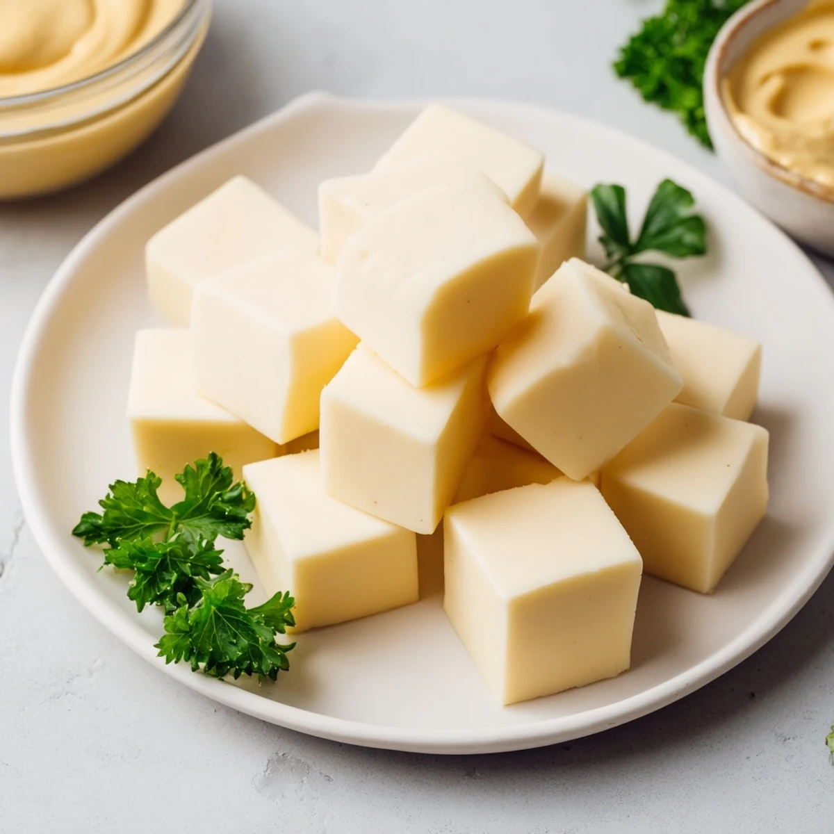 Vibrant cheese platter, featuring Gouda chunks artfully arranged around a tangy mustard dip bowl.