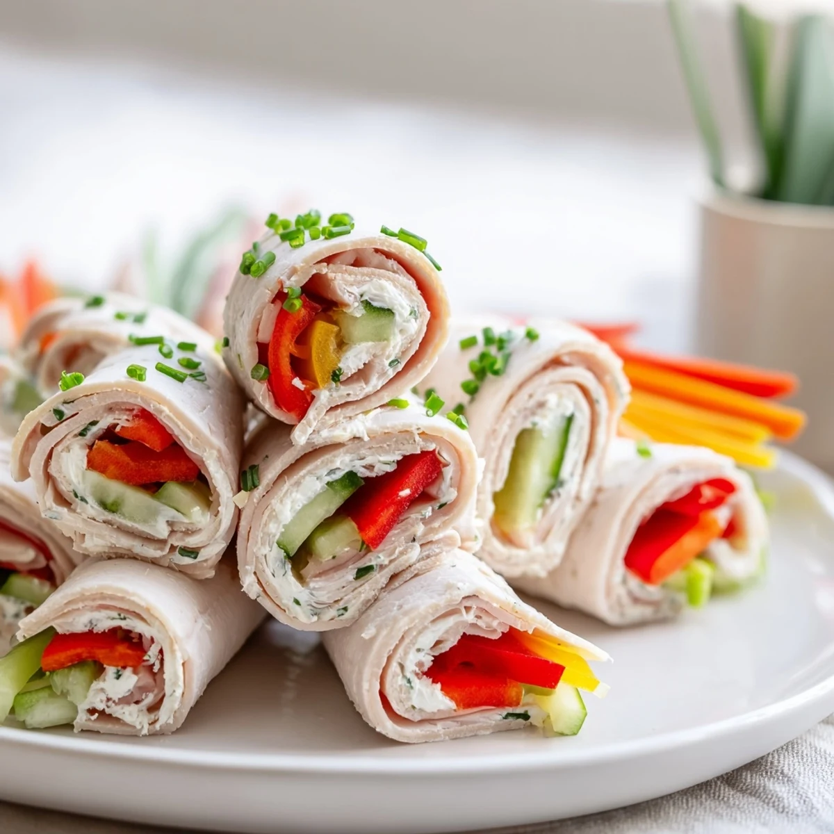 Freshly made turkey roll-ups showcasing sliced turkey expertly rolled around vibrant cucumber and pepper strips.