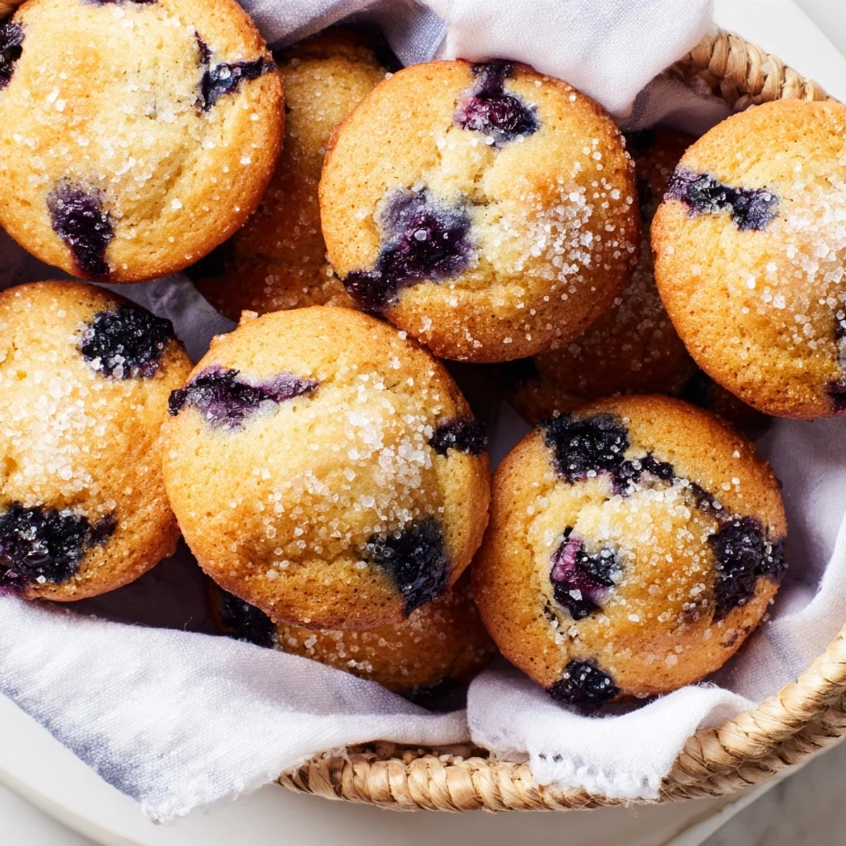 Freshly baked mini blueberry muffins, slightly sweet and studded with blueberries, look delicious in their basket.
