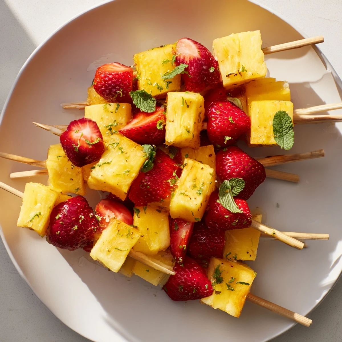 Colorful fruit skewers: Sweet strawberry halves and pineapple chunks arranged on a skewer, ready to serve.