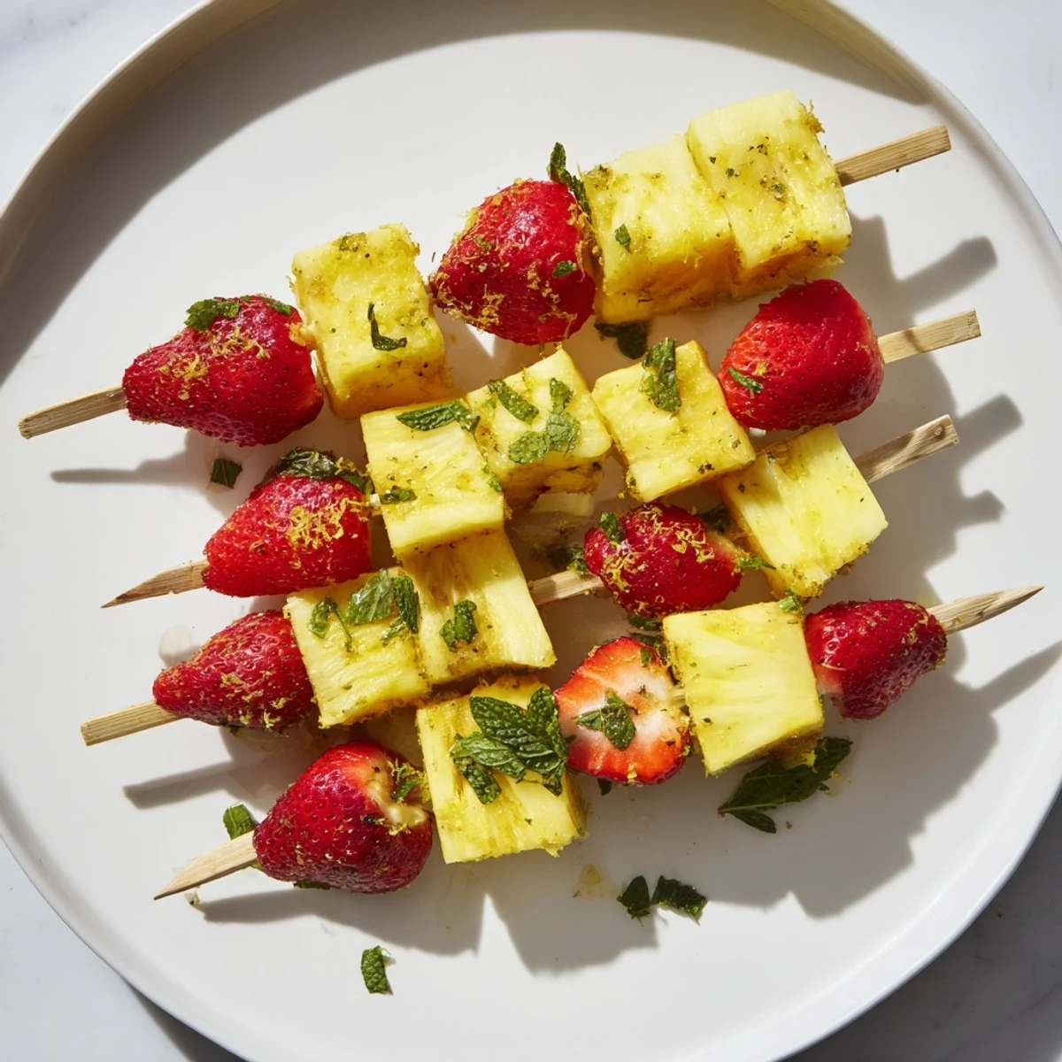 Vibrant fruit skewers with juicy pineapple and ripe strawberries, ready for a refreshing bite.
