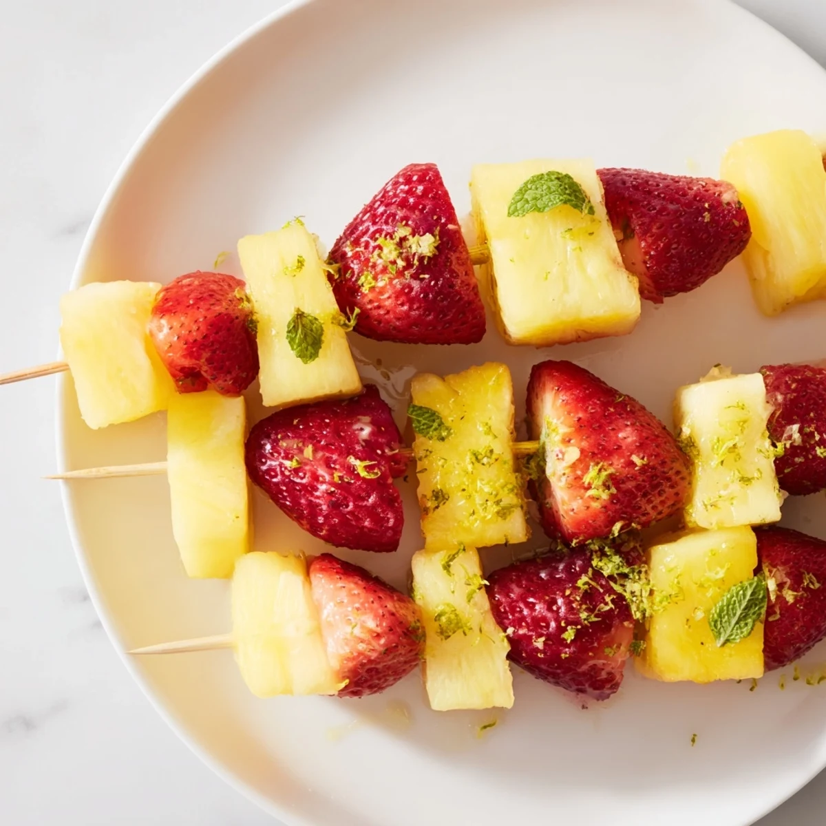 Fresh fruit skewers: Enjoy the taste of sweet strawberries and pineapple, perfect for a summer snack.