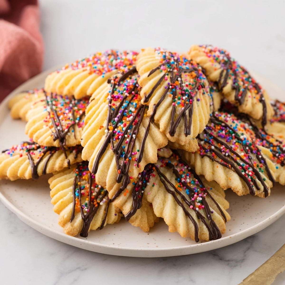 Golden-edged spritz cookies arranged in a layered fan, ready to be enjoyed as a festive dessert.
