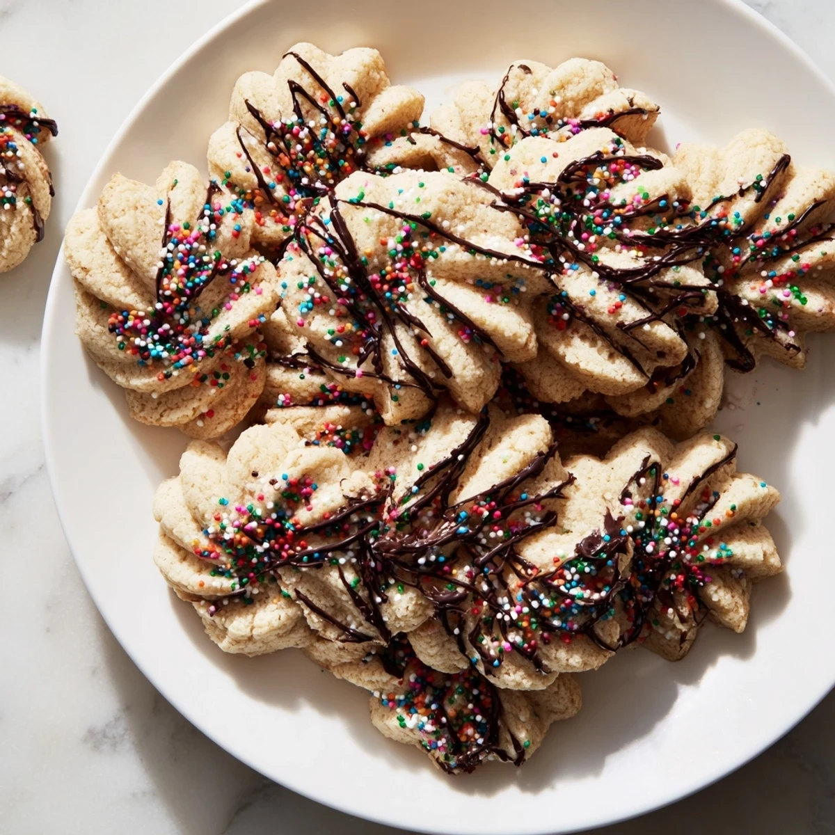 Crispy spritz cookies in a fan formation, perfect for sharing, ideal alongside a warm cup of coffee.