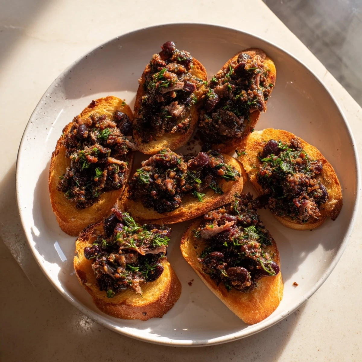 Glistening black olive tapenade spooned generously on golden, crunchy crostini, a flavorful appetizer.