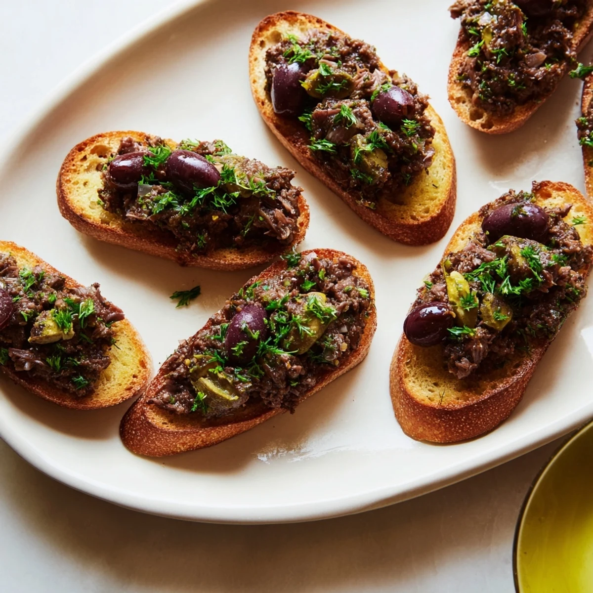 Delicious black olive tapenade ready to share, with perfectly crispy crostini, perfect for a gathering.