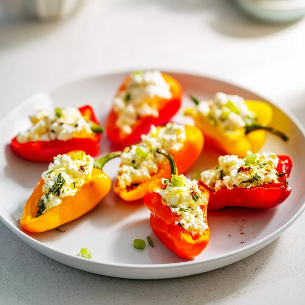 Vibrant mini bell pepper halves brimming with creamy feta filling, ready to serve as a fresh appetizer.