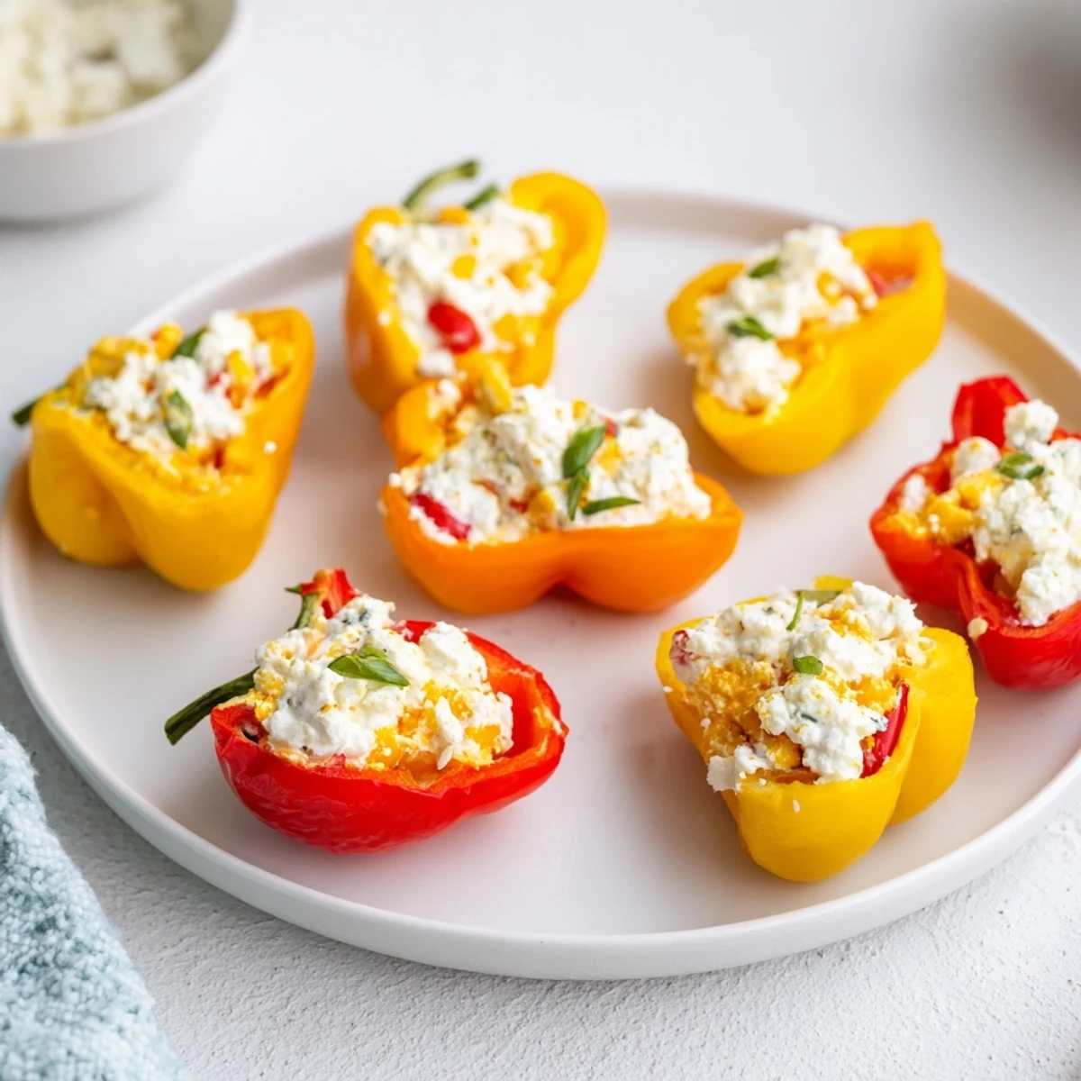 Mediterranean mini bell pepper halves, filled with herbed feta, drizzled with olive oil, looking delicious.