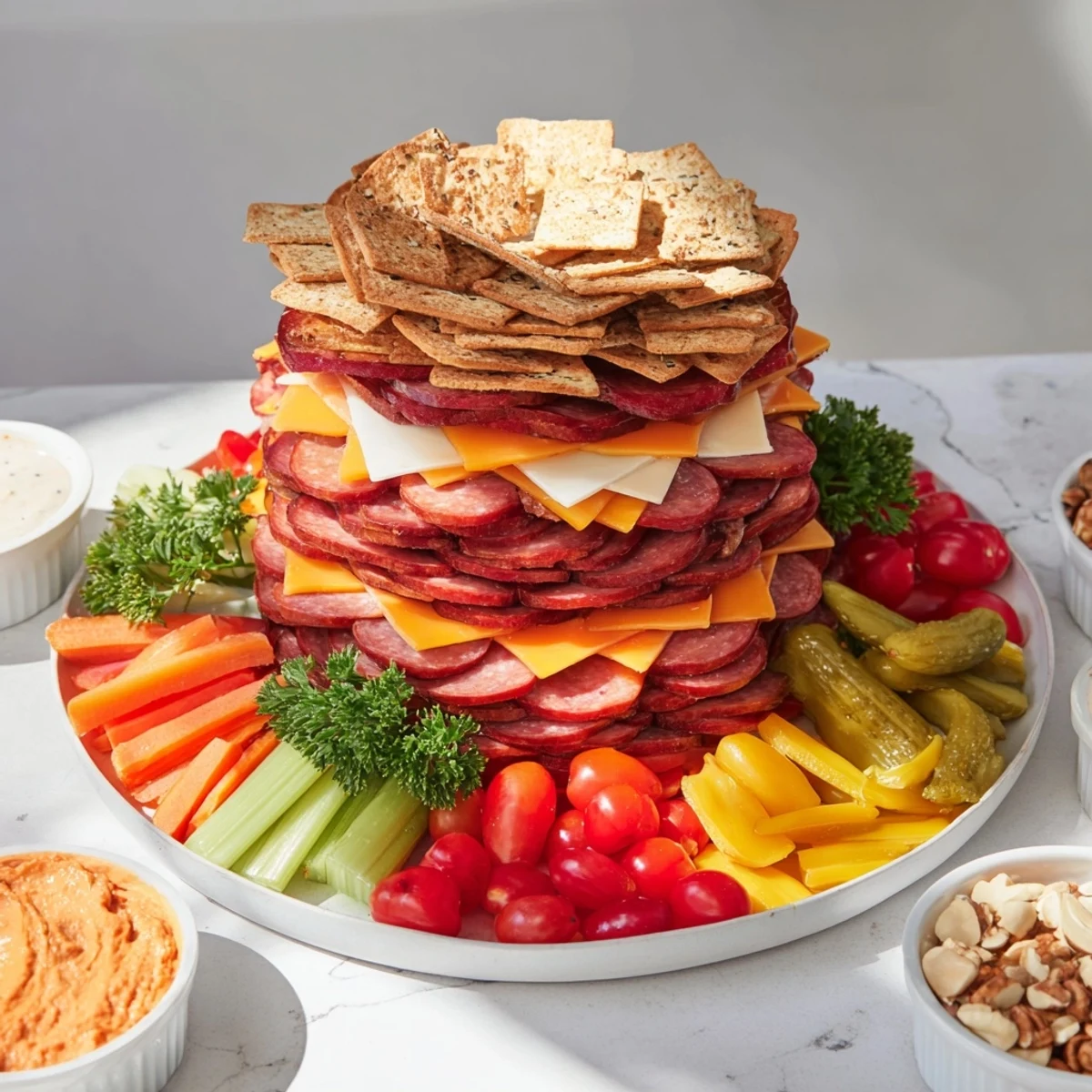 A loaded photo showcases a savory Tailgate Party Power Stack with layers of meats, cheeses, and veggies.