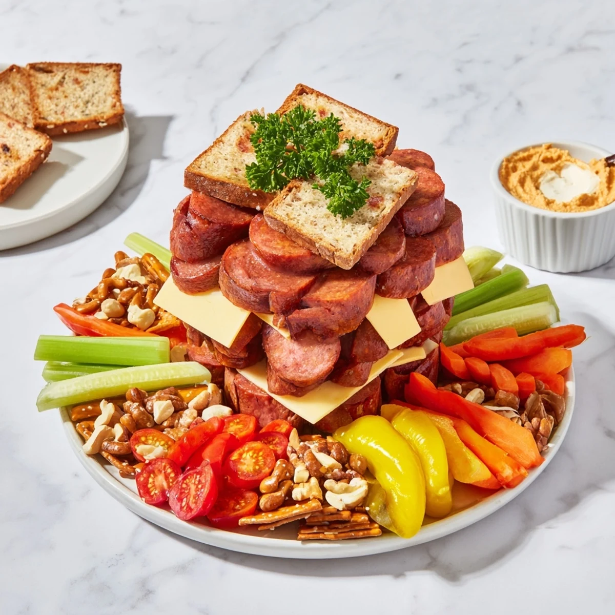 Imagine a vibrant Tailgate Party Power Stack overflowing with various cheeses, meats, and chips for a crowd.