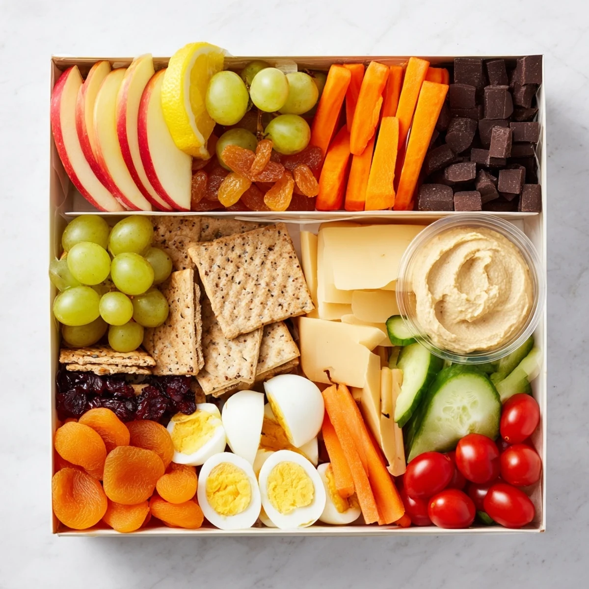Road Trip Snack Box filled with colorful fruits, crunchy vegetables, and savory bites, ready to eat.