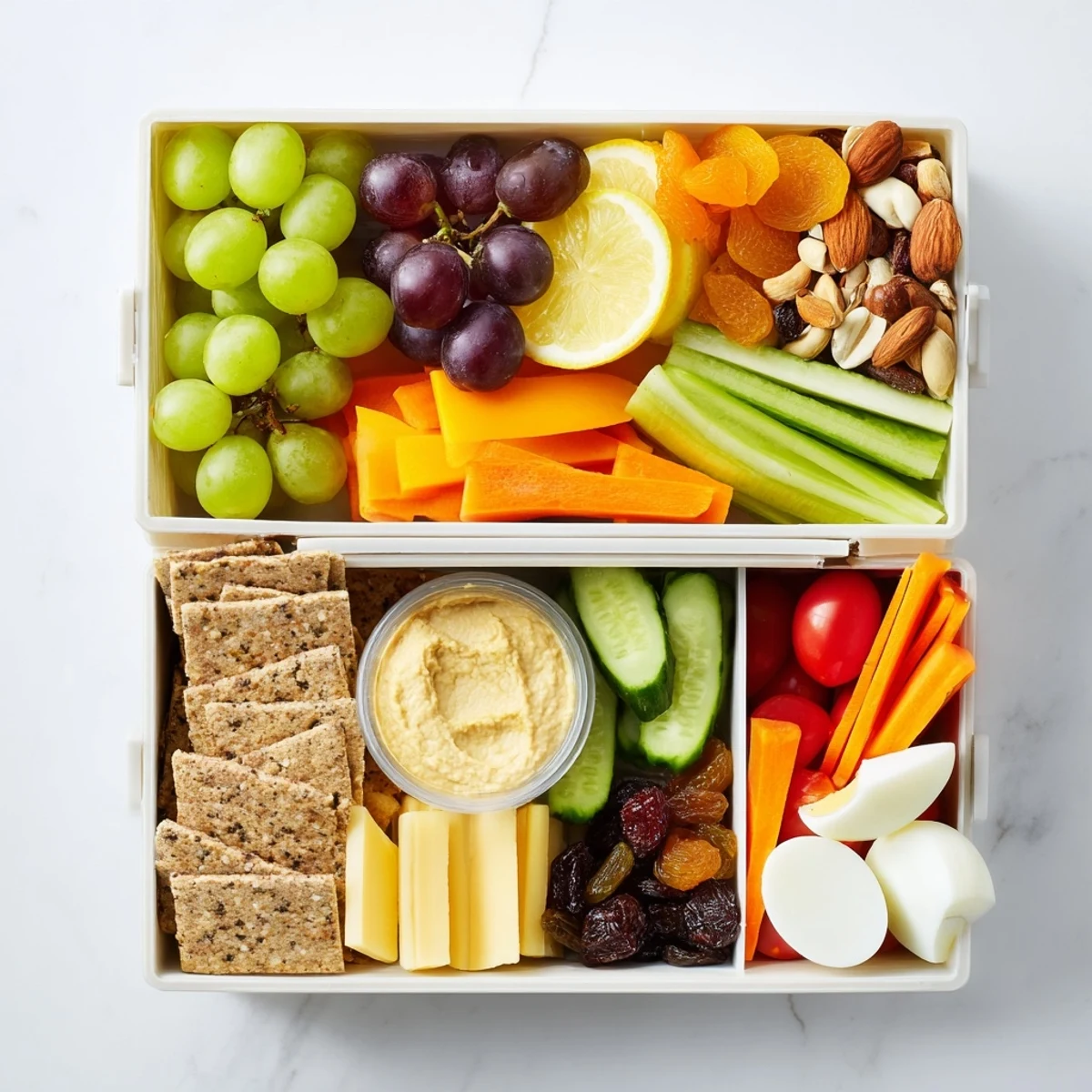 A visually appealing Road Trip Snack Box: cheese cubes, crackers, fresh fruit, and sweet treats packed to eat.