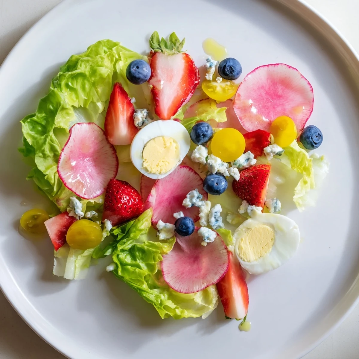 Baby Shower Pastel Palette Salad with fresh berries, blue cheese, and vibrant yellow tomatoes are appealing.
